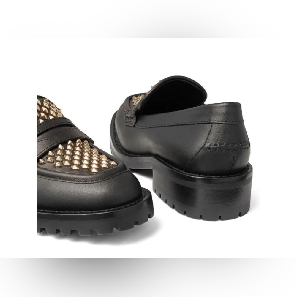 Jimmy Choo Deanna Black Gold Spiked Slip In Embellished Loafer Shoes 37.5 New - Picture 4 of 15